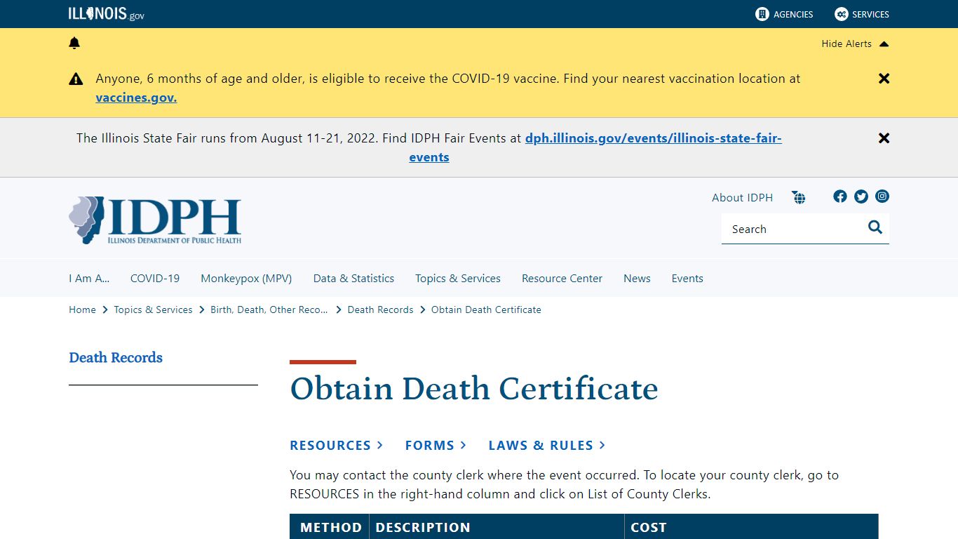 Obtain Death Certificate - Illinois